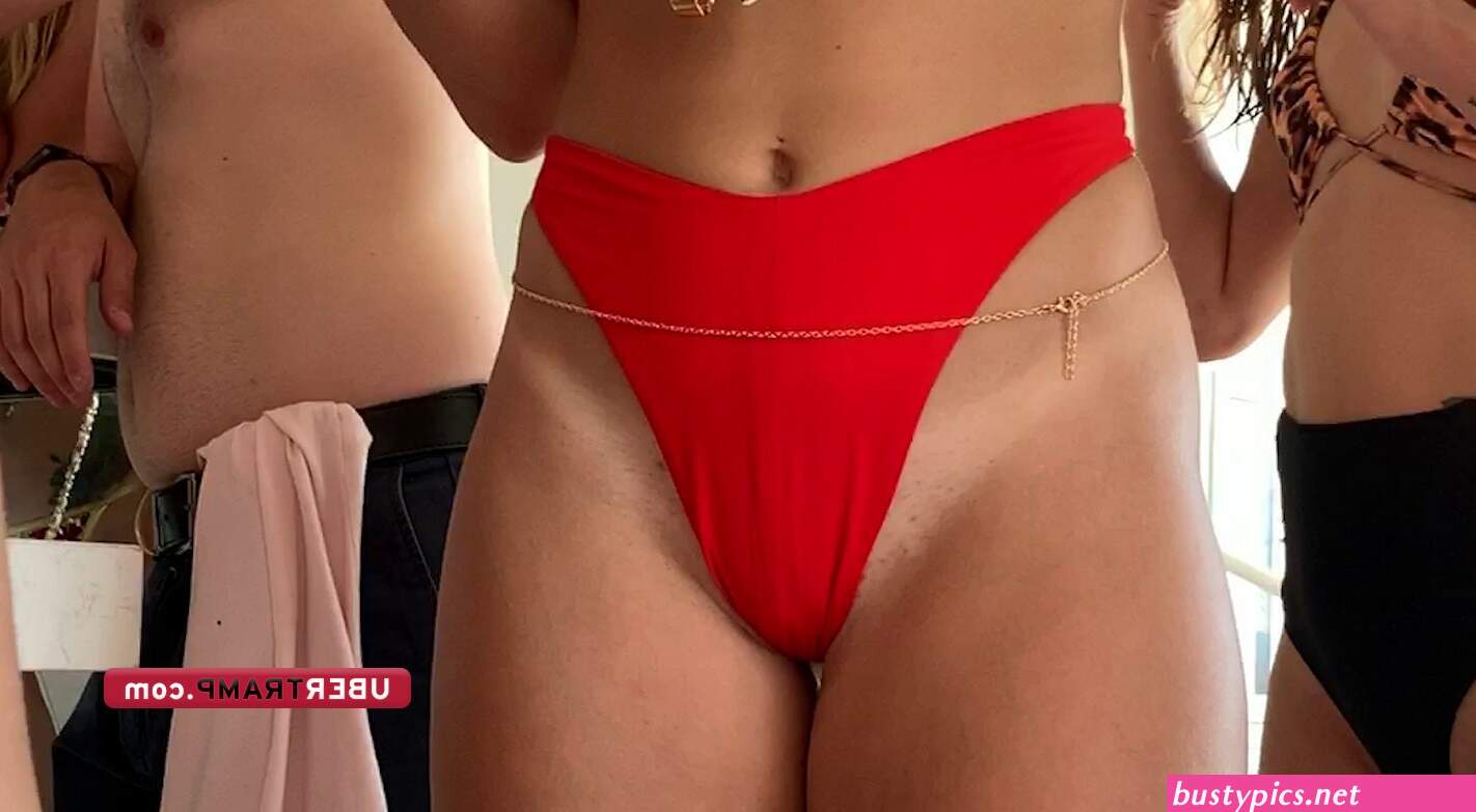 shaved pussy lips slip from thong