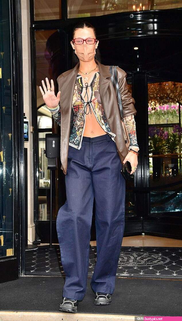 braless bella hadid steps out of the george v hotel with a friend