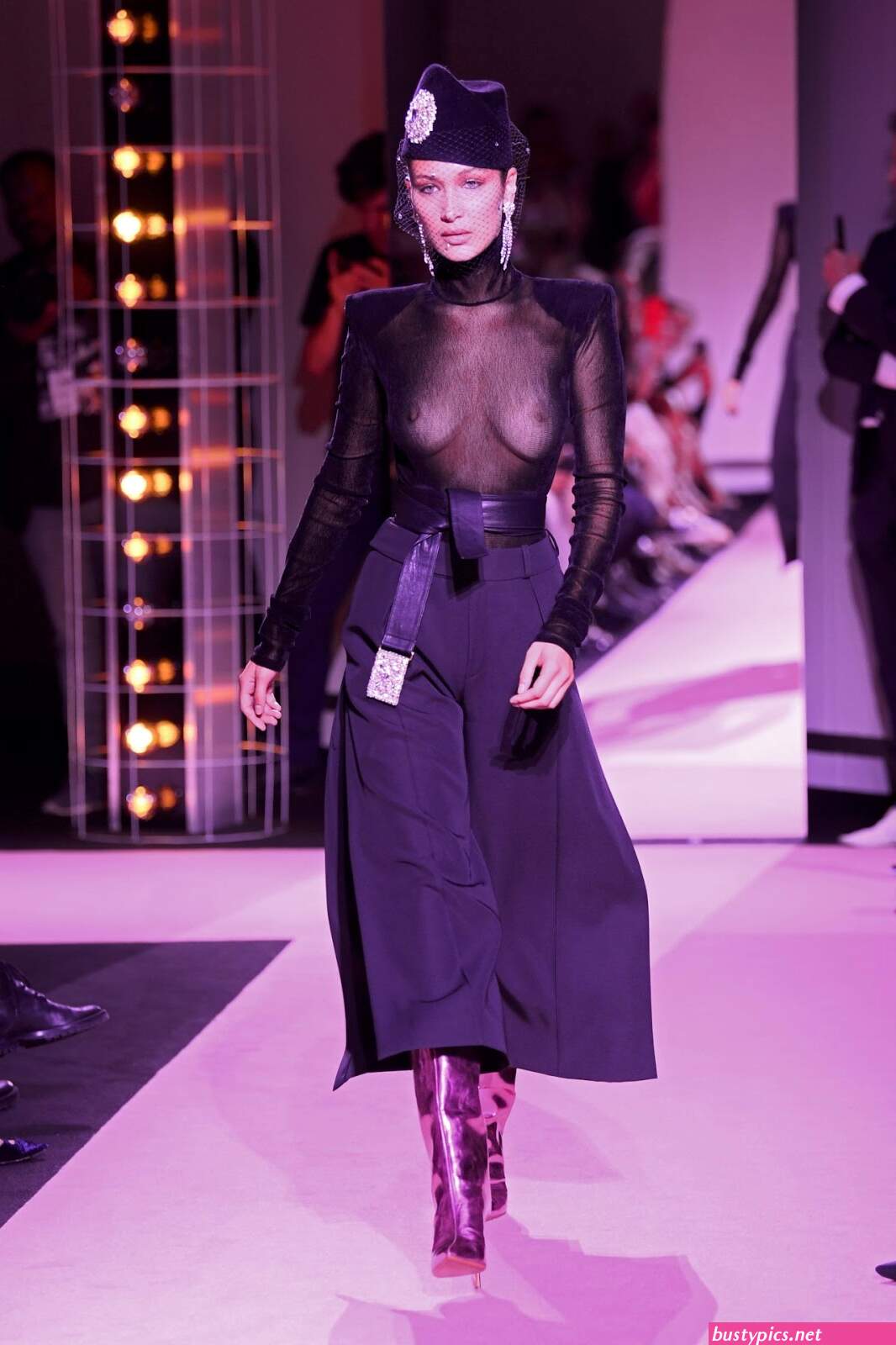 braless bella hadid steps out of the george v hotel with a friend